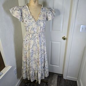 Moon River‎ Beige Floral Maxi Dress V-neck Ruffle Lined Womens M